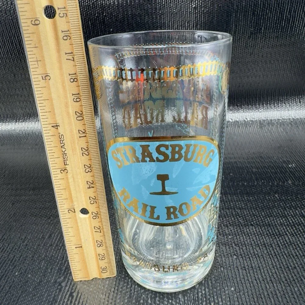 1960s STEAMBURG RAIL ROAD Barware Glasses Cups‎ Highball Tumblers Vintage Set 3